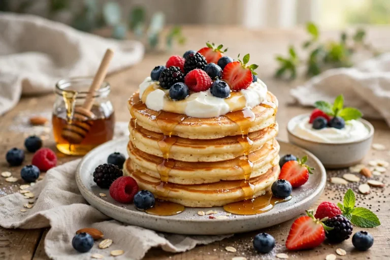 Stack of fluffy protein pancakes topped with fresh berries and maple syrup on a white plate
