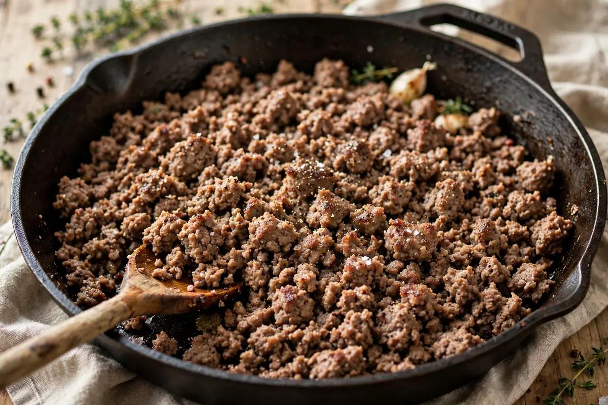 Lean ground beef browning in a large skillet with a wooden spoon
