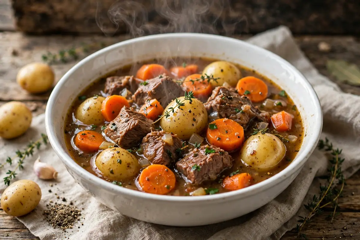Hearty beef stew with carrots and baby potatoes in a white bowl