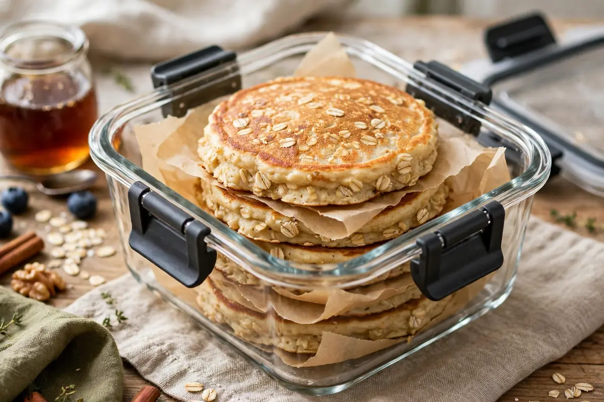 Airtight container of leftover oat pancakes with parchment between layers for meal prep