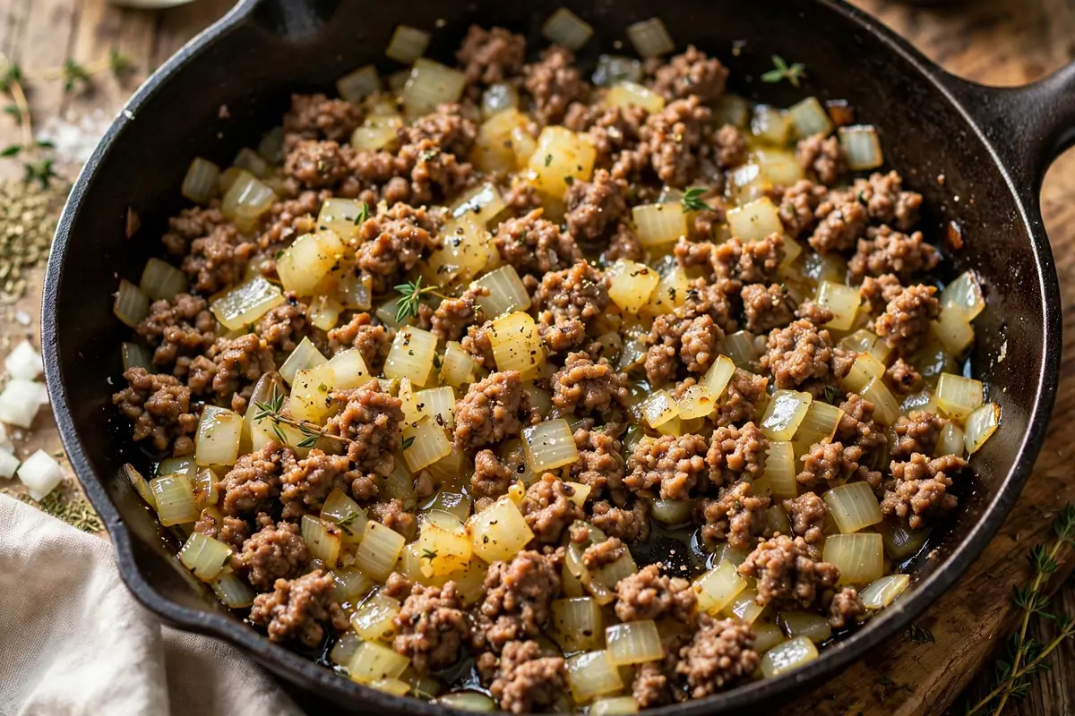 Diced onions cooking down with browned ground beef in a skillet