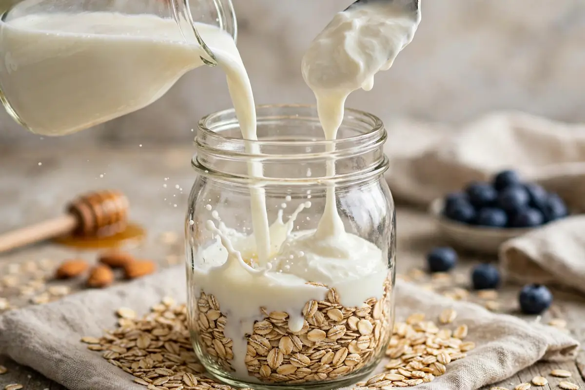 Milk and Greek yogurt being poured over the dry oats in a glass jar