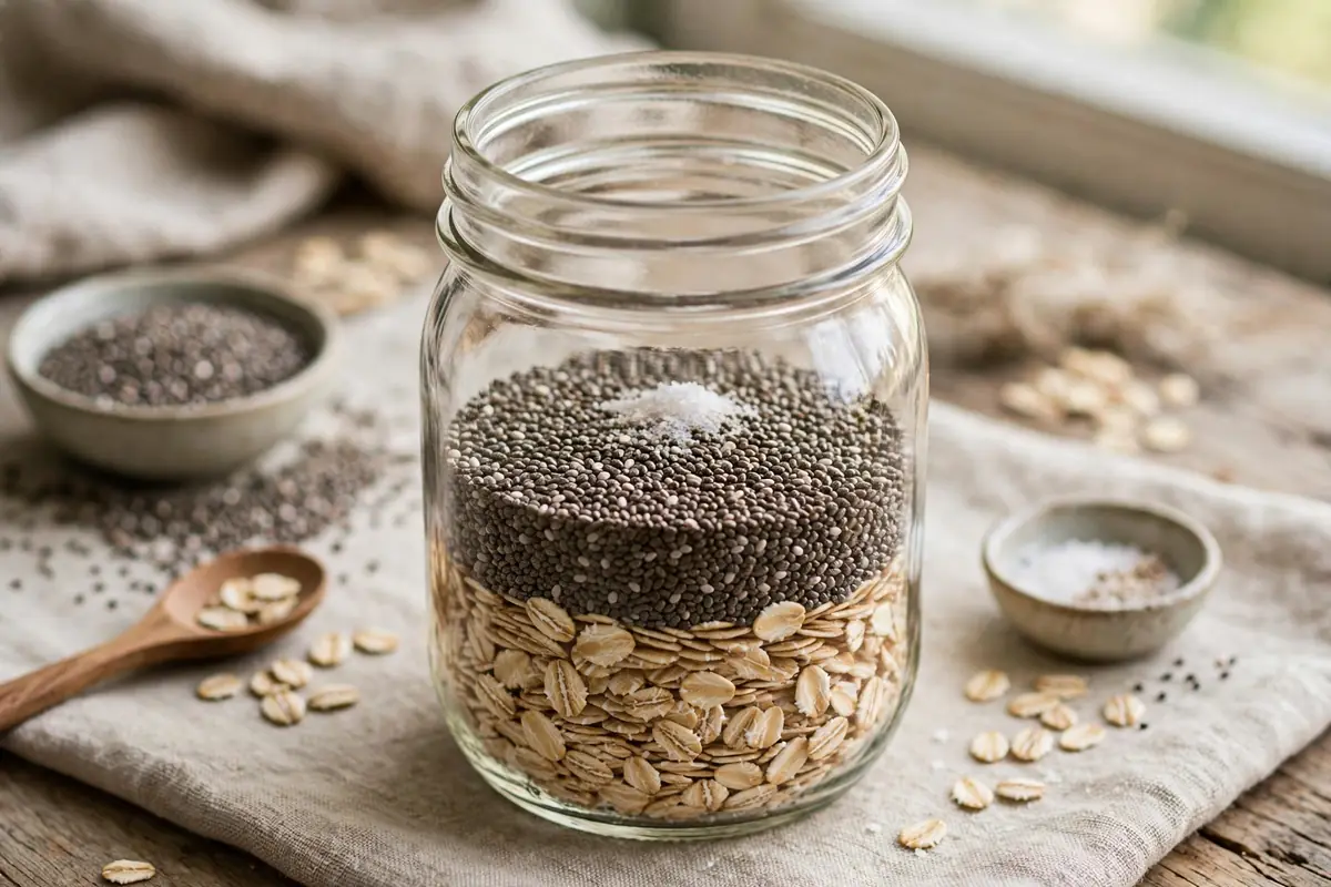 Dry rolled oats, chia seeds, and a pinch of salt layered in a clear jar before adding milk