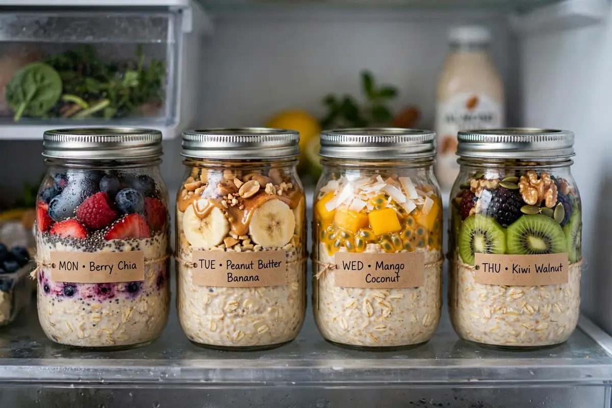 Four sealed meal prep jars of oats lined up on a refrigerator shelf for the week