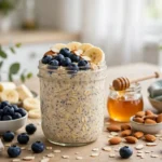 Creamy overnight oats in a glass mason jar topped with fresh blueberries, sliced banana, and almonds
