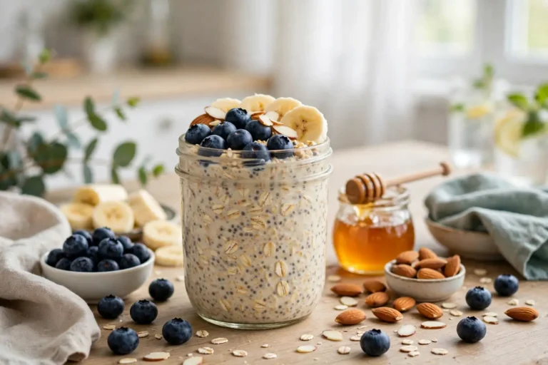 Creamy overnight oats in a glass mason jar topped with fresh blueberries, sliced banana, and almonds