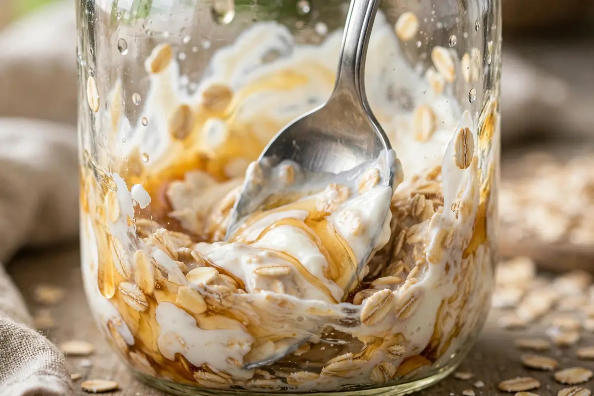 Spoon stirring Greek yogurt, milk, and maple syrup into oats for an easy no-cook breakfast