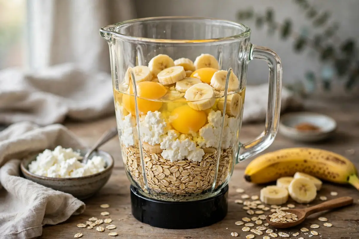 Blender filled with oats, eggs, cottage cheese, and ripe banana ready to blend into pancake batter