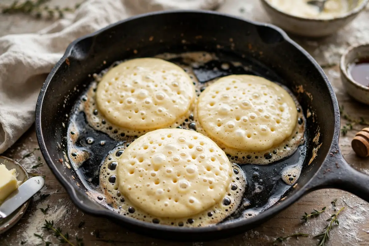Golden brown pancakes cooking in a nonstick skillet with bubbles on the surface