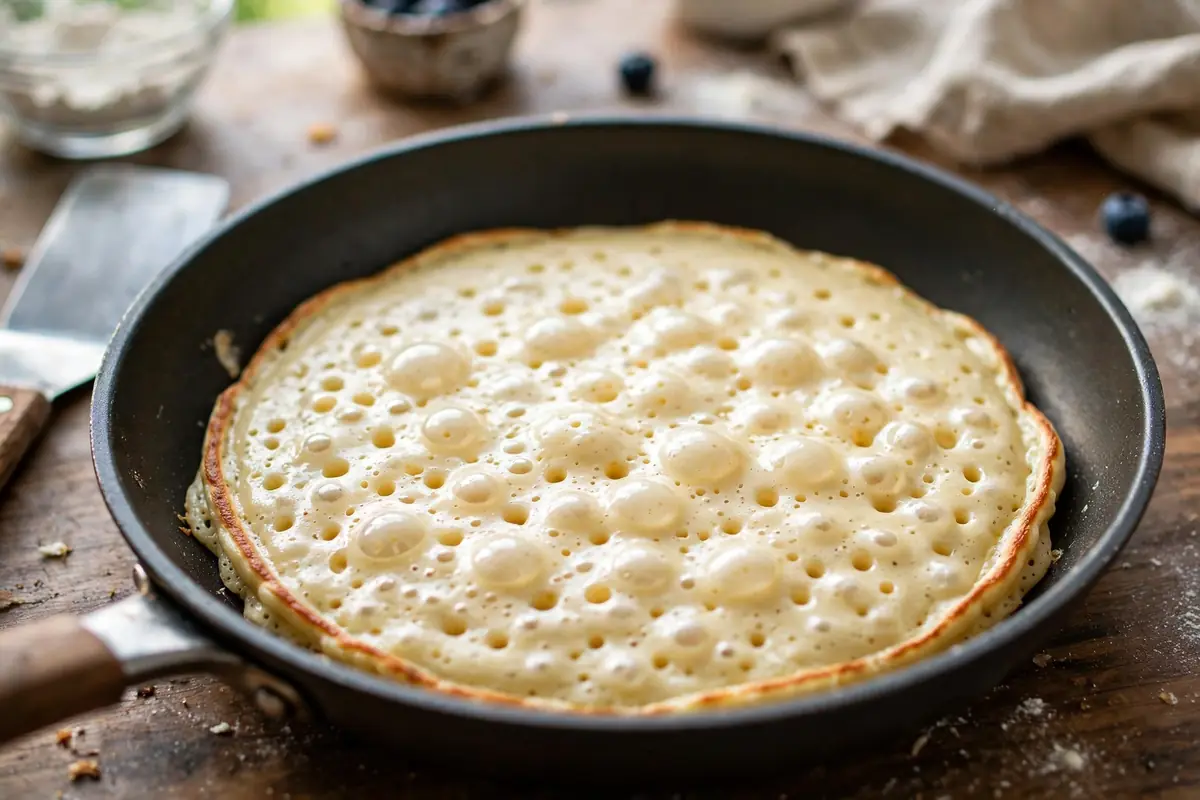 Protein pancake batter bubbling in a nonstick skillet, ready to flip