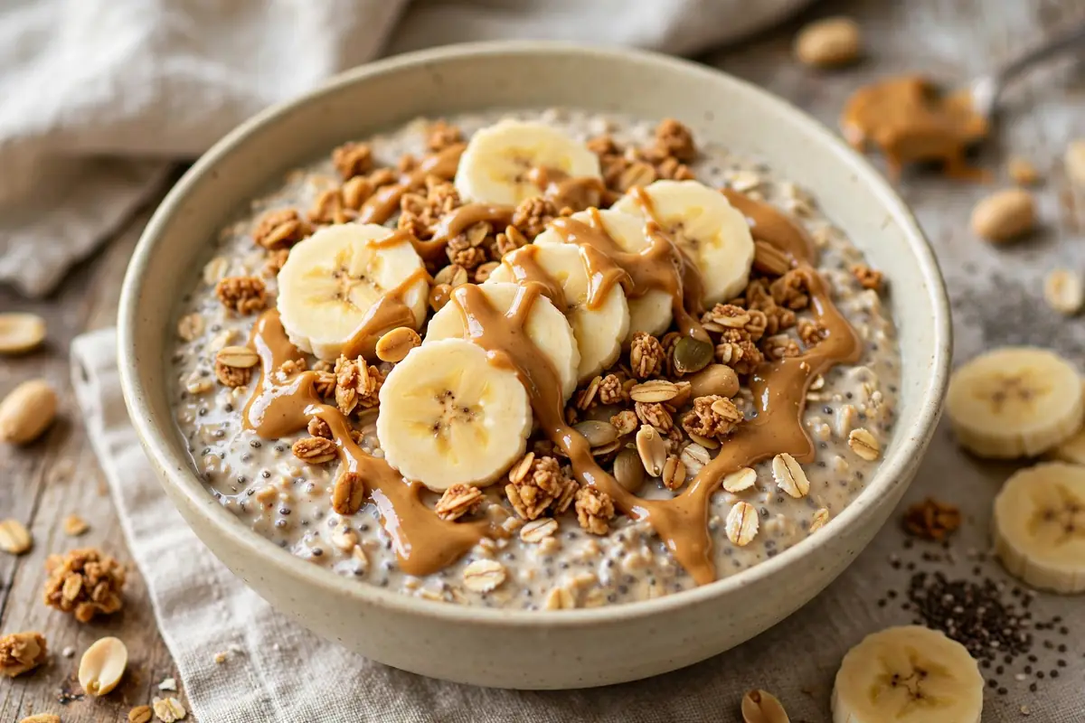 Peanut butter banana oats in a bowl with granola and a drizzle of warm peanut butter