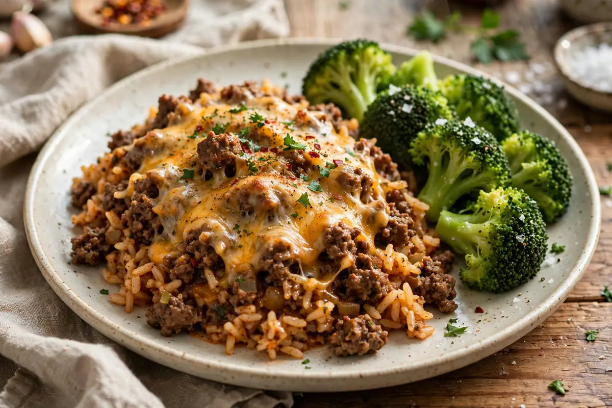 Plated serving of ground beef and rice skillet with a side of steamed broccoli
