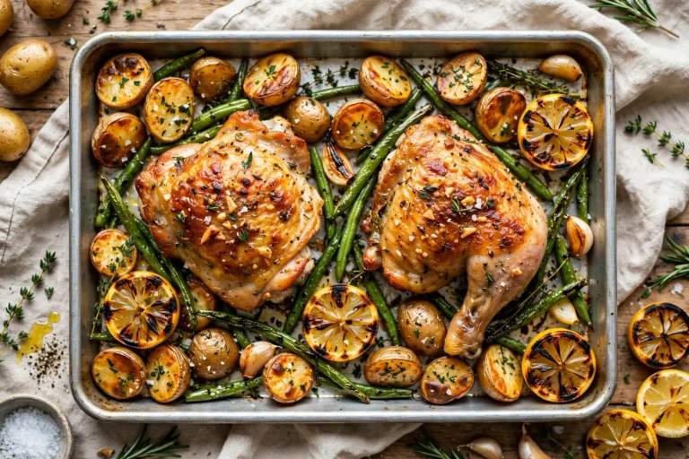 Easy dinner recipes for two: lemon garlic chicken with crispy potatoes and green beans