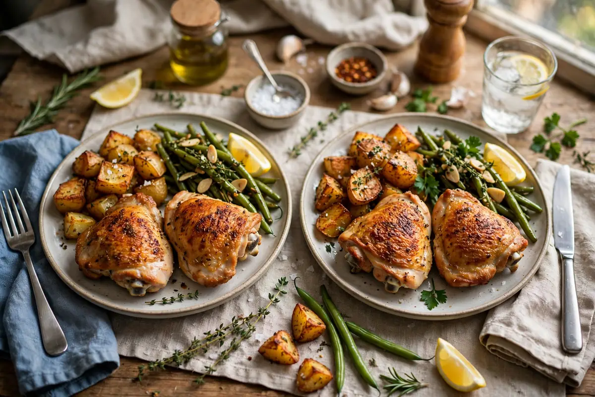 Two plates of chicken, potatoes, and green beans
