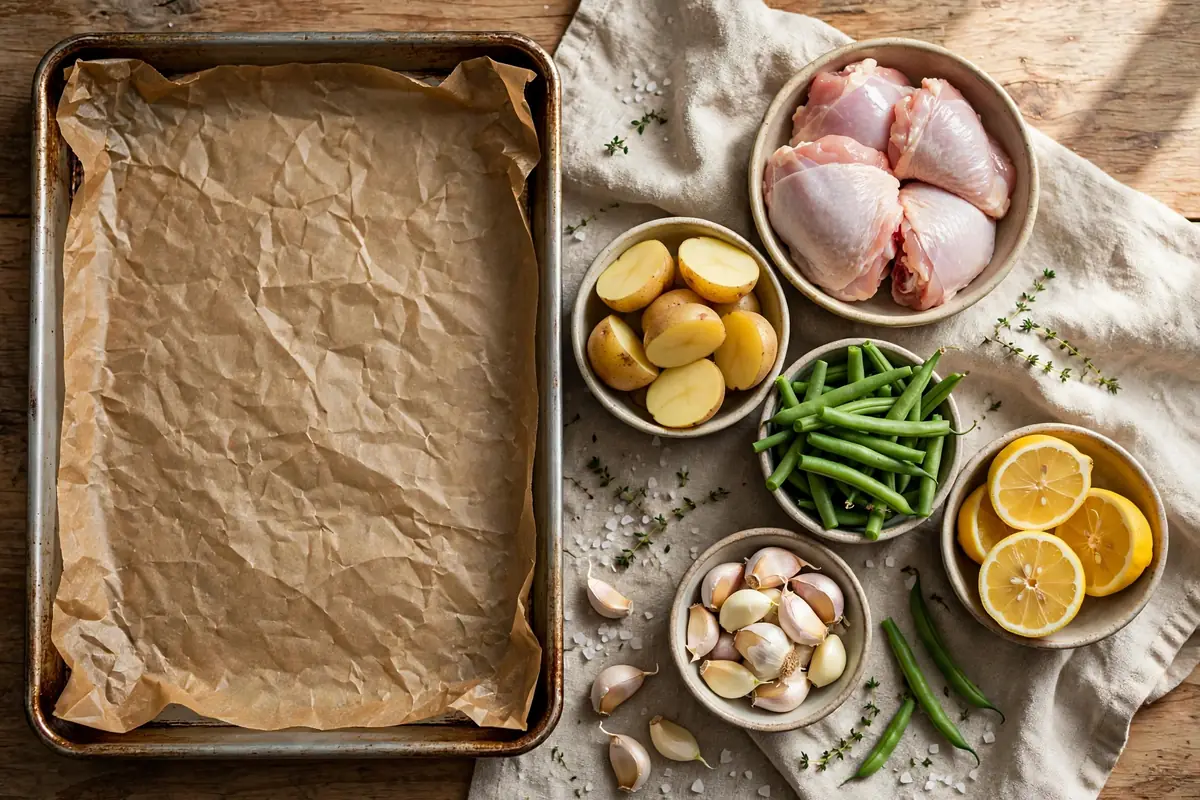 Empty parchment-lined sheet pan next to bowls of prepped ingredients