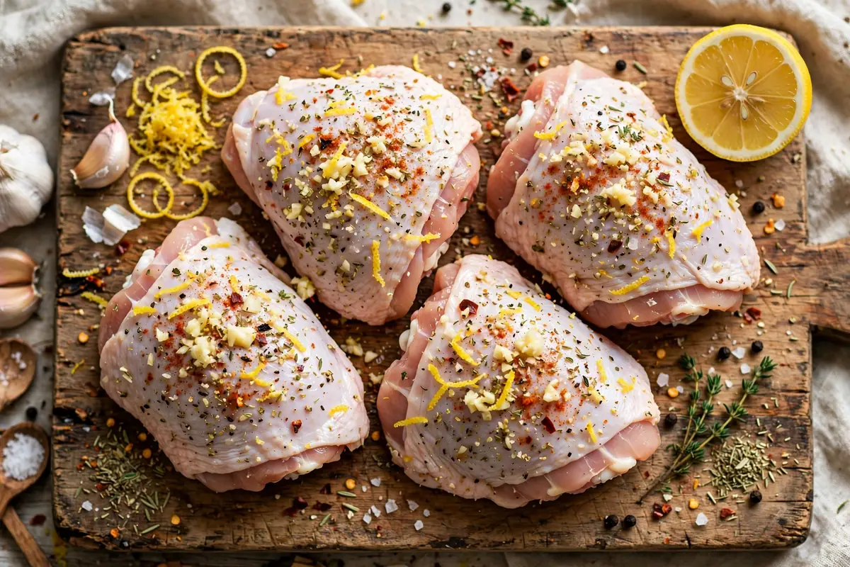 Seasoned raw chicken thighs on a cutting board