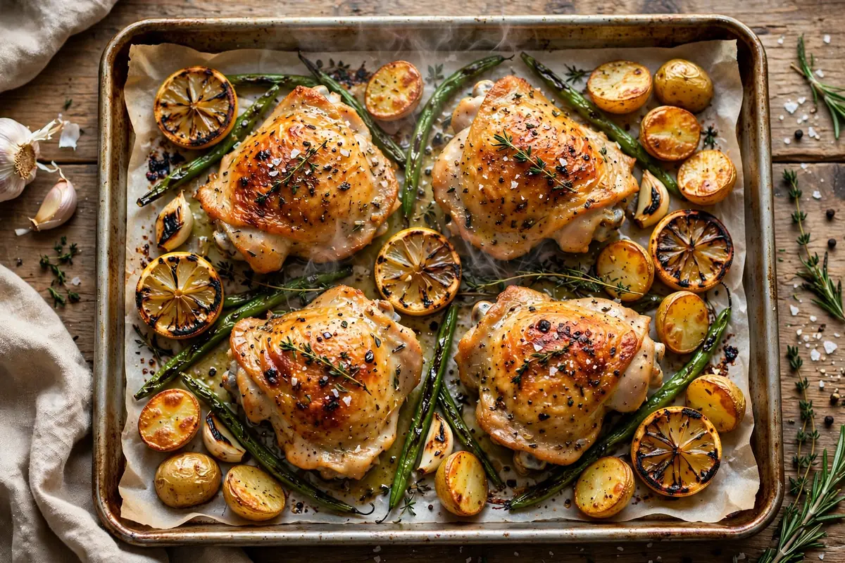 Sheet pan out of the oven with golden chicken and charred lemon slices