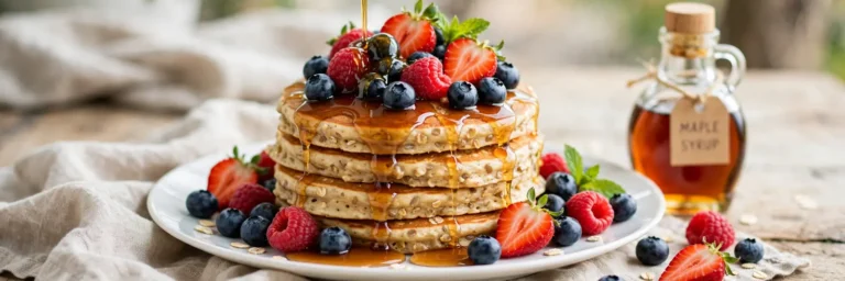 Stack of fluffy protein pancakes topped with fresh berries and maple syrup on a white plate