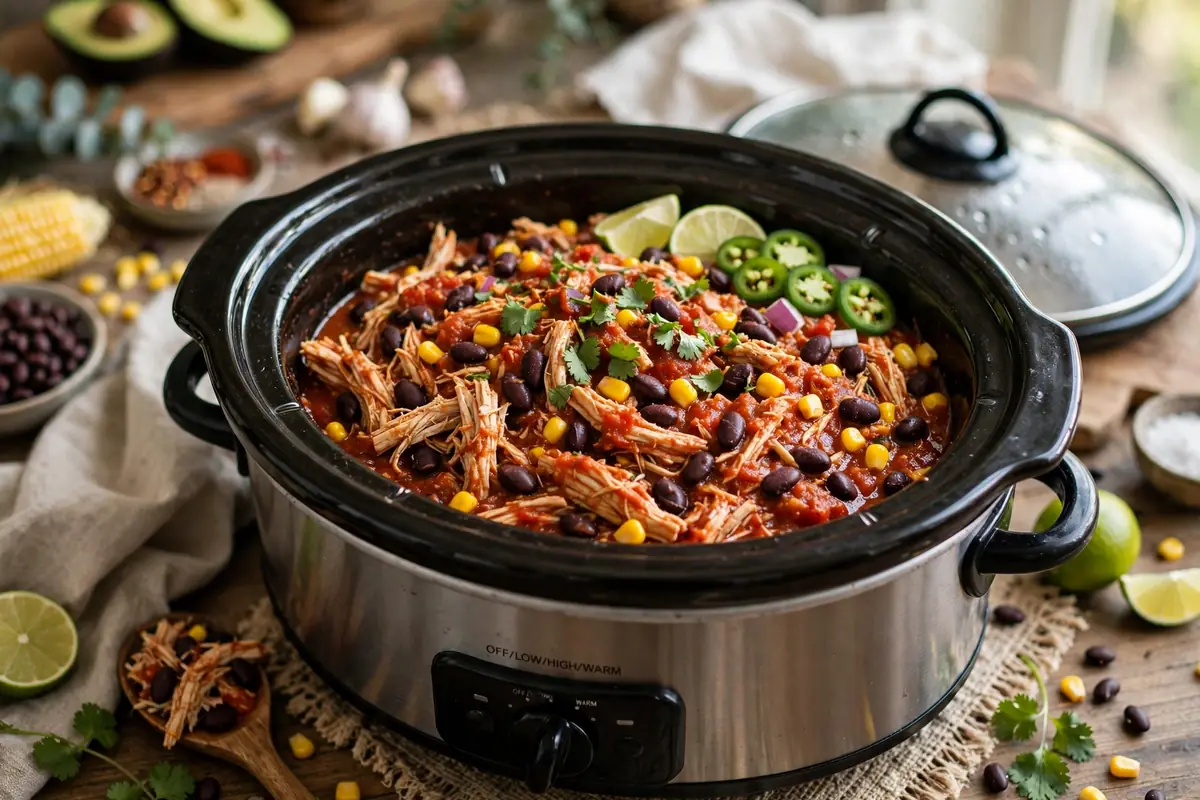 Salsa chicken with black beans and corn in the slow cooker