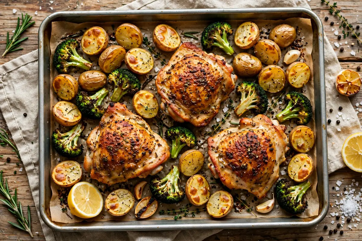 Sheet pan with crispy chicken, potatoes, and broccoli