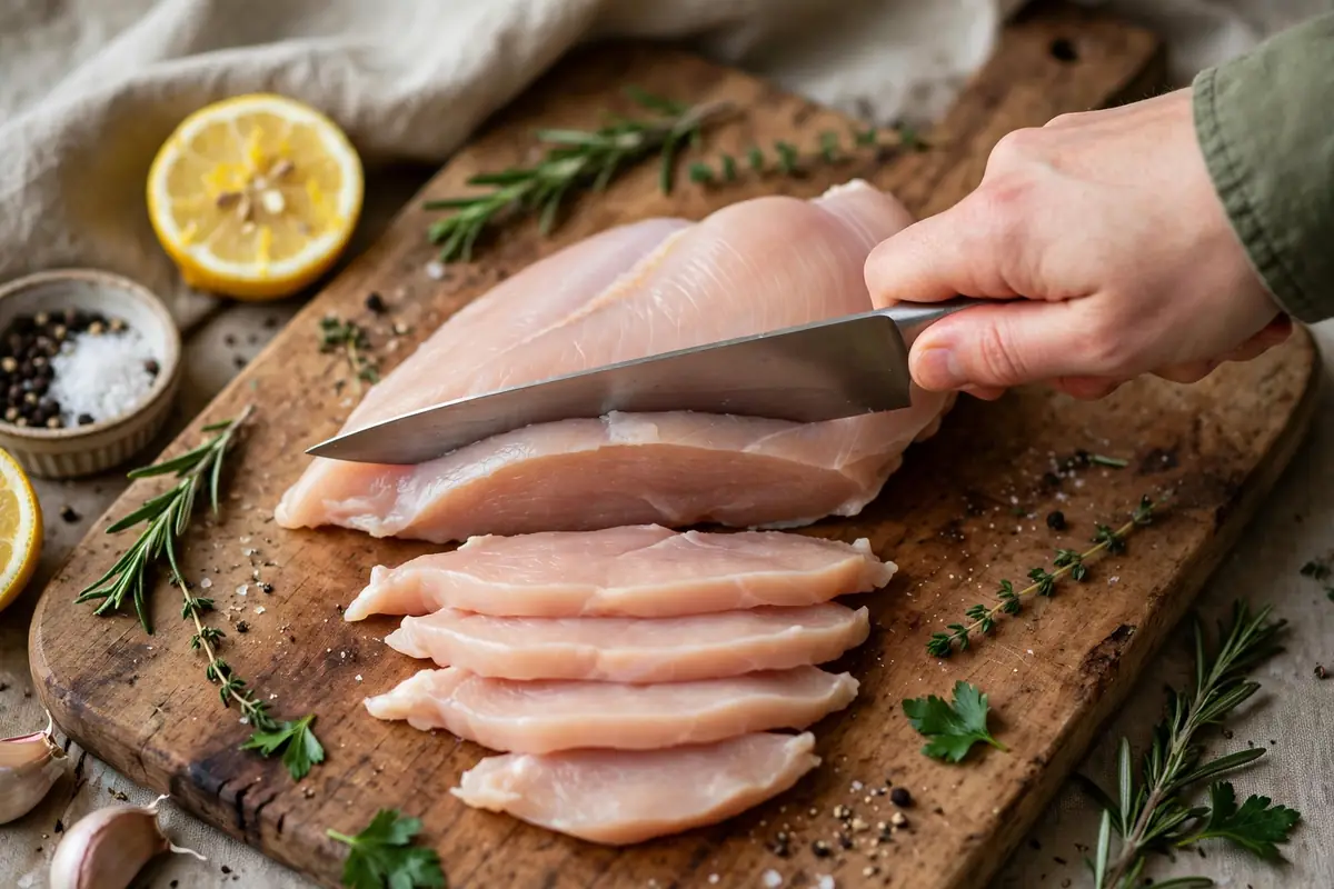 Hand slicing a chicken breast horizontally into thin cutlets on a wooden cutting board