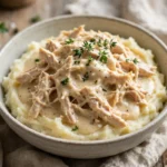 Bowl of slow cooker chicken and gravy over mashed potatoes, one of many easy dinner recipes crockpot families love