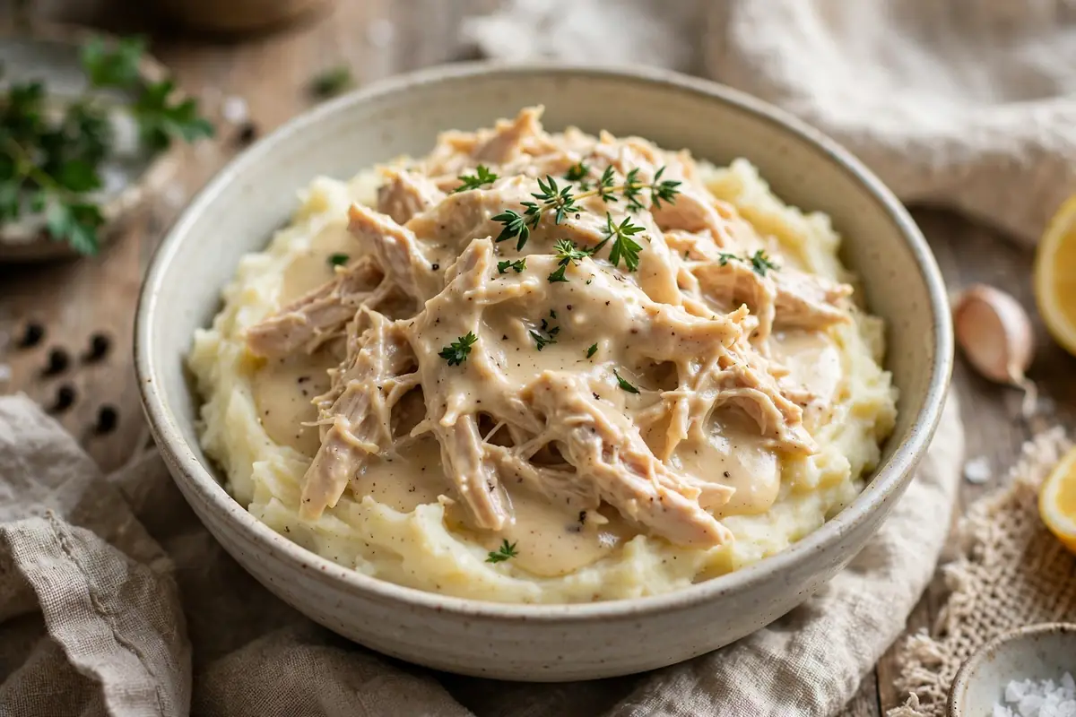 Bowl of slow cooker chicken and gravy over mashed potatoes, one of many easy dinner recipes crockpot families love
