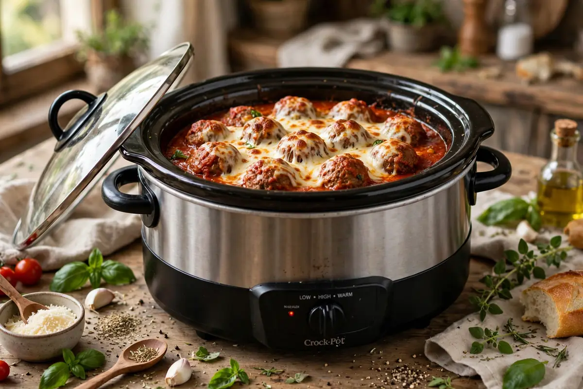 Slow cooker meatballs in marinara sauce with melted mozzarella