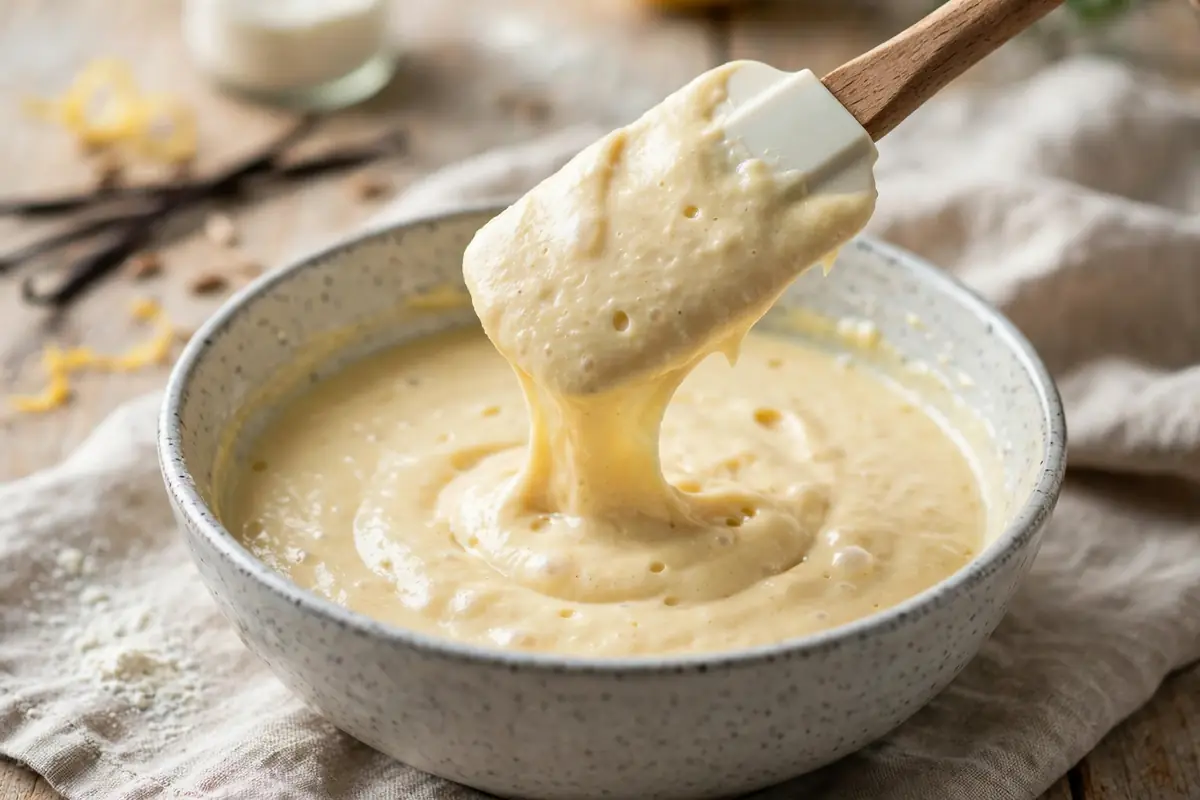 Thick Greek yogurt pancake batter being folded with a spatula in a mixing bowl