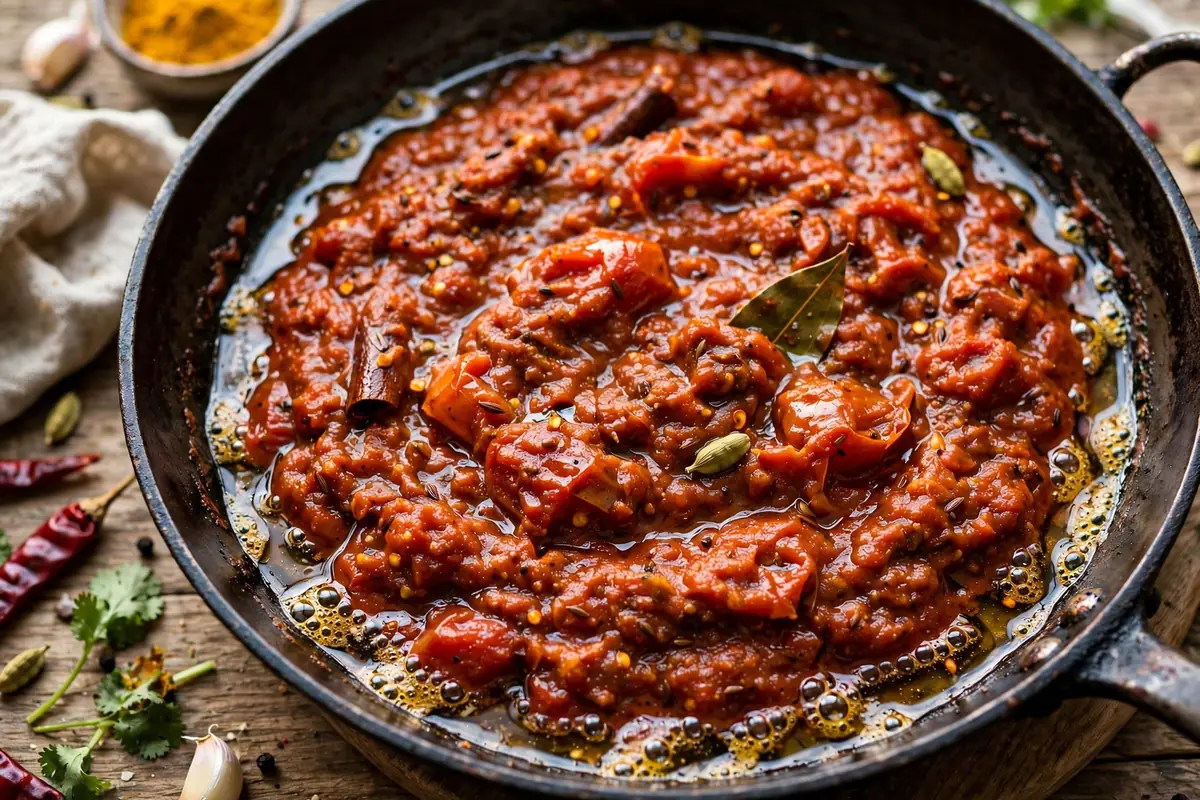 Tomato masala with oil separating at the edges of the pan