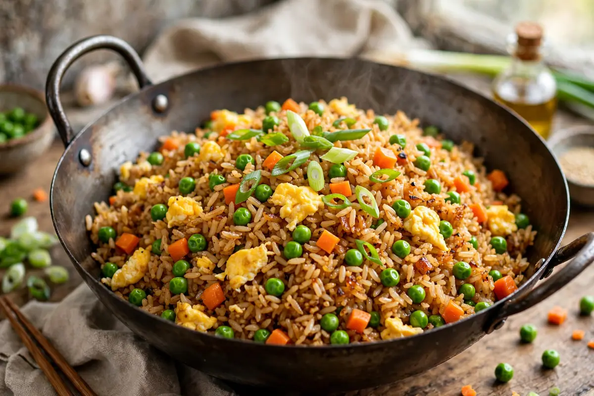 Colorful veggie fried rice in a wok