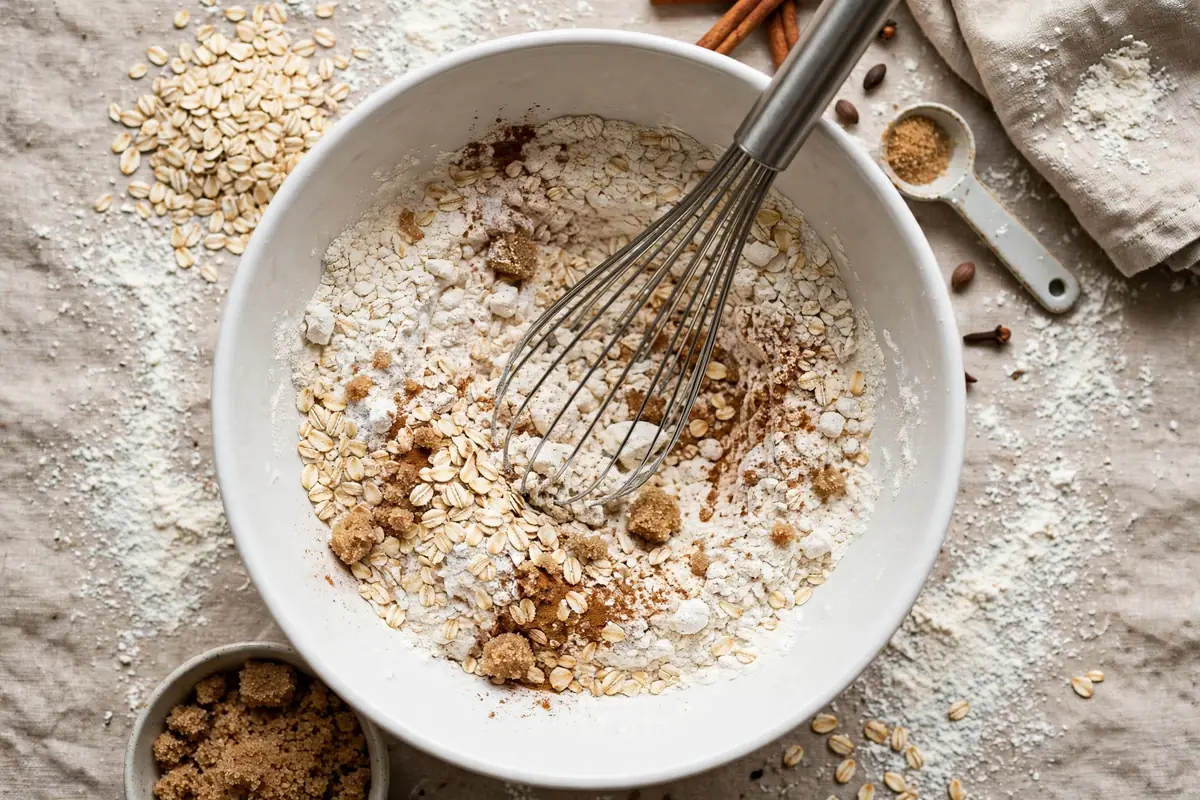 Whisking flour, vanilla whey powder and baking powder together in a large white bowl